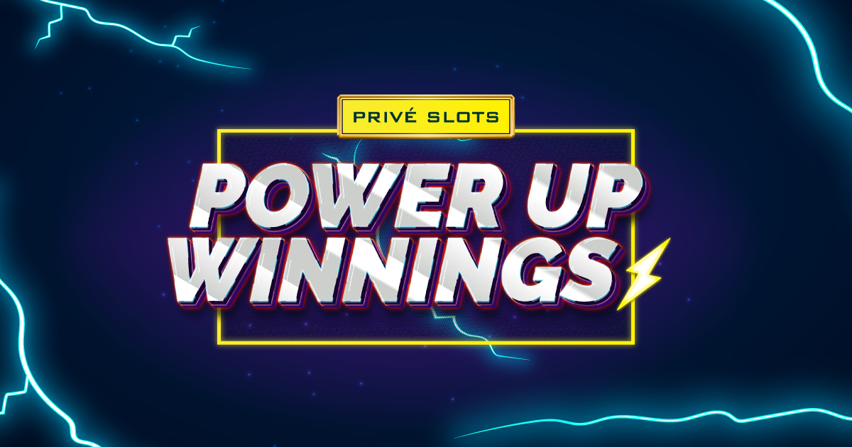 霓虹灯风格的图形，上方以粗体字显示“PRIVÉ SLOTS POWER UP WINNINGS”字样，周围环绕着黄色轮廓，深色背景上点缀着电蓝色闪电。.