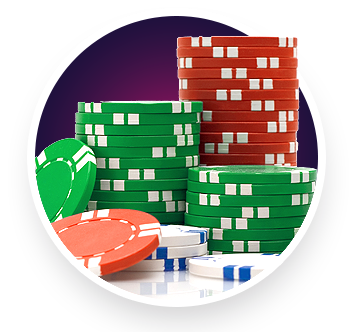 Stacks of green, red, white, and blue casino chips are arranged on a reflective surface with a dark purple background, evoking the excitement of poker nights at Great Canadian Casino Vancouver.