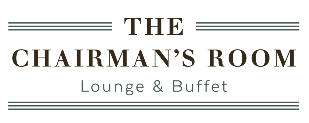 Logo for "The Chairman’s Room Lounge & Buffet" at River Rock Casino Resort, featuring horizontal lines above and below the text on a white background.
