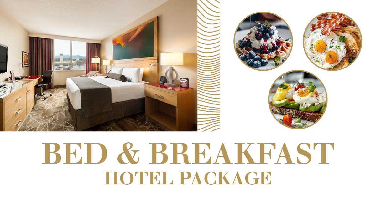 A hotel room with a neatly made bed, desk, and window, alongside three circular images of breakfast dishes: waffles with berries, fried eggs with bacon, and avocado toast. Text reads "Bed & Breakfast Hotel Package.