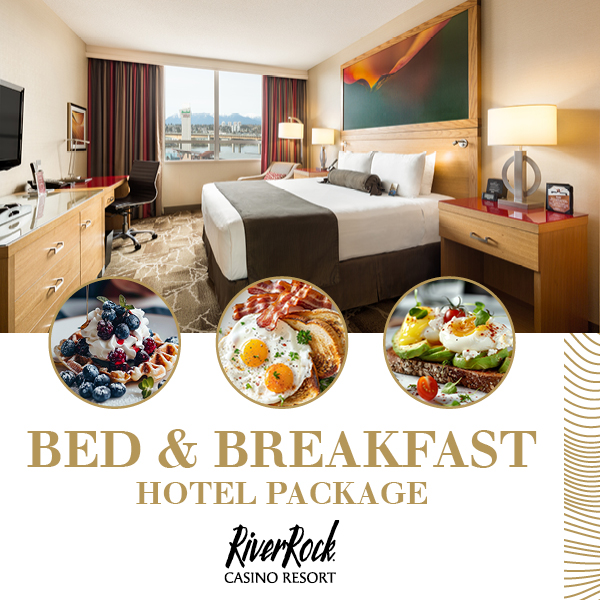 A hotel room with a large bed, desk, and window, plus photos of breakfast dishes. Text reads: "Bed & Breakfast Hotel Package, RiverRock Casino Resort.