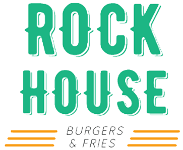 Logo with green text reading "ROCK HOUSE" above the words "BURGERS & FRIES" in gray, inspired by the bold style of River Rock Casino Resort. Two sets of three orange lines frame the bottom text on each side.