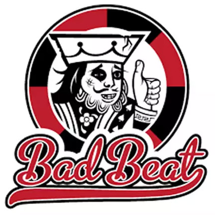A stylized playing card king gives a thumbs up inside a poker chip, with the words "Bad Beat" in bold red script below—capturing the excitement of Poker at Great Canadian Casino Vancouver.