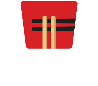 A red container with two black lines and two beige chopsticks, above the words “Chopsticks Noodlehouse” in bold white text.
