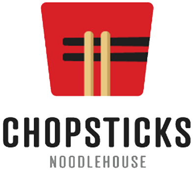 Logo with two tan chopsticks over a red square with two black lines, resembling noodles. Below, bold text reads "CHOPSTICKS" and smaller text reads "NOODLEHOUSE." Inspired by the vibrant energy of River Rock Casino Resort, this design captures a modern twist on classic culinary tradition.