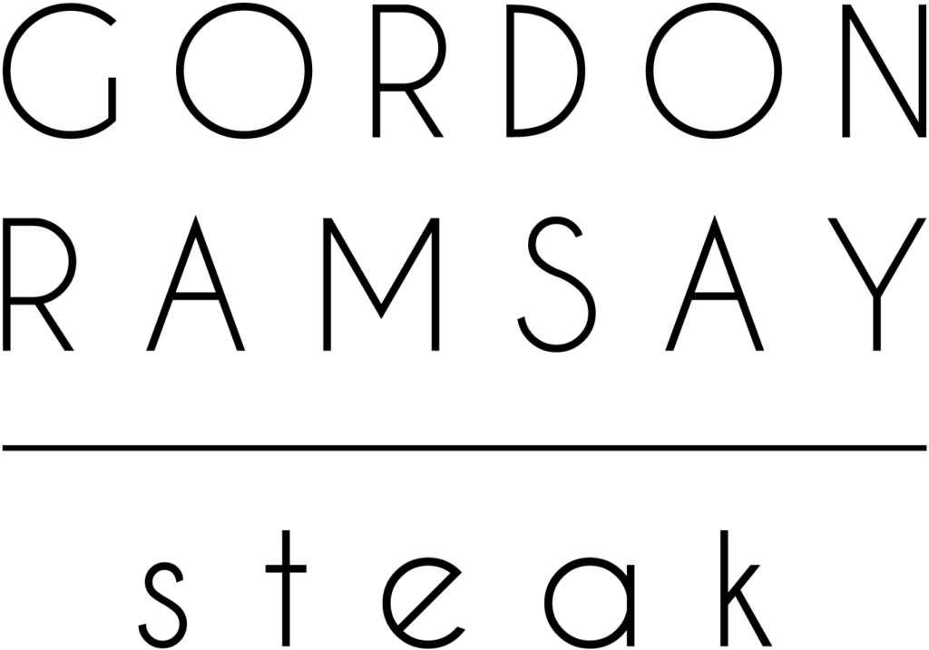 Black text on a white background reads "GORDON RAMSAY" above a line, with the word "steak" below in lowercase letters, capturing the signature style featured at River Rock Casino Resort.