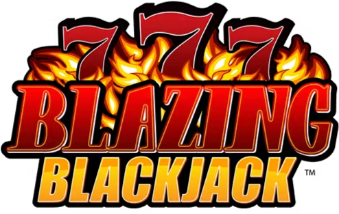 The image shows the words "777 Blazing Blackjack" with red and yellow flames, and large red sevens above the blazing text, creating a fiery casino-themed logo reminiscent of the excitement found at Poker tables in Great Canadian Casino Vancouver.