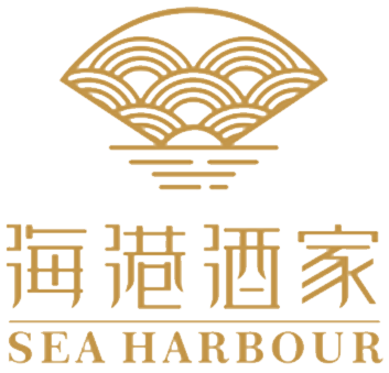 Gold wave and sun logo above Chinese characters and the words "SEA HARBOUR" in capital letters, all on a light background, reminiscent of the elegant branding found at River Rock Casino Resort.