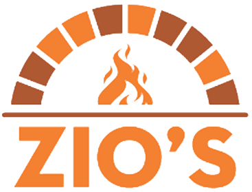 ZIO'S logo features an orange and brown brick oven arch above a stylized flame, reminiscent of the inviting warmth found at River Rock Casino Resort, with the word "ZIO'S" in bold orange letters below.