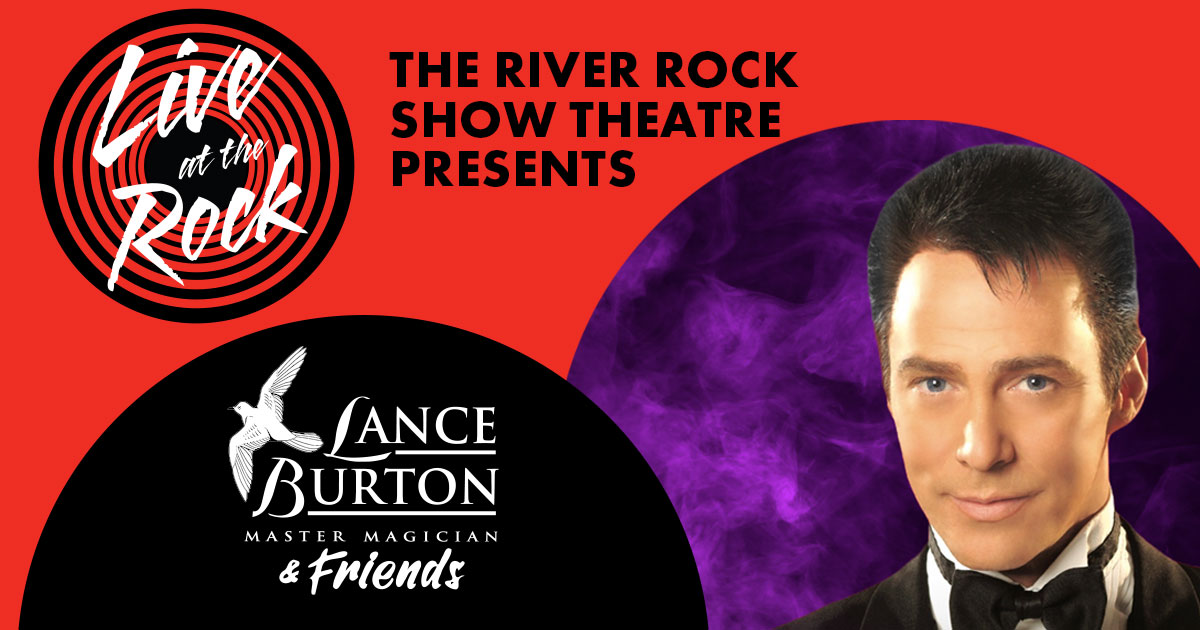 “Live at the Rock”宣传图，主角为魔术大师兰斯·伯顿及其好友。图片包含兰斯·伯顿的照片、活动名称以及紫色烟雾特效。.